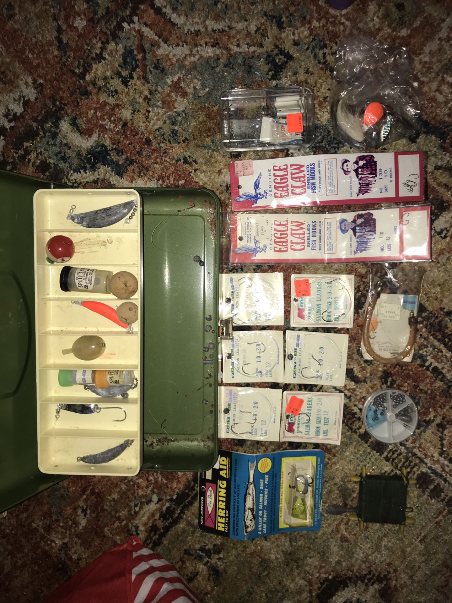 Vintage fishing tackle and tackle box jigs bobbers weights
