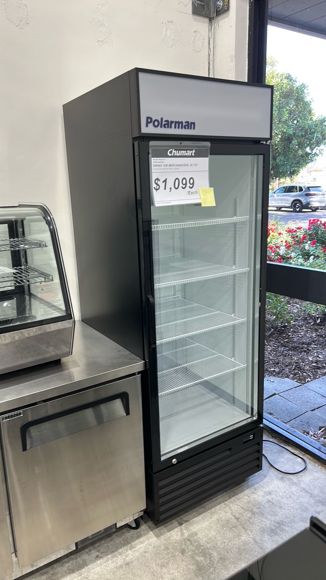 Polarman PLM-SGD28R 27 3/5" Black Refrigerated Swing Glass Door Merchandiser with LED Lighting, 20.7 cu.ft(SS-P600WB)