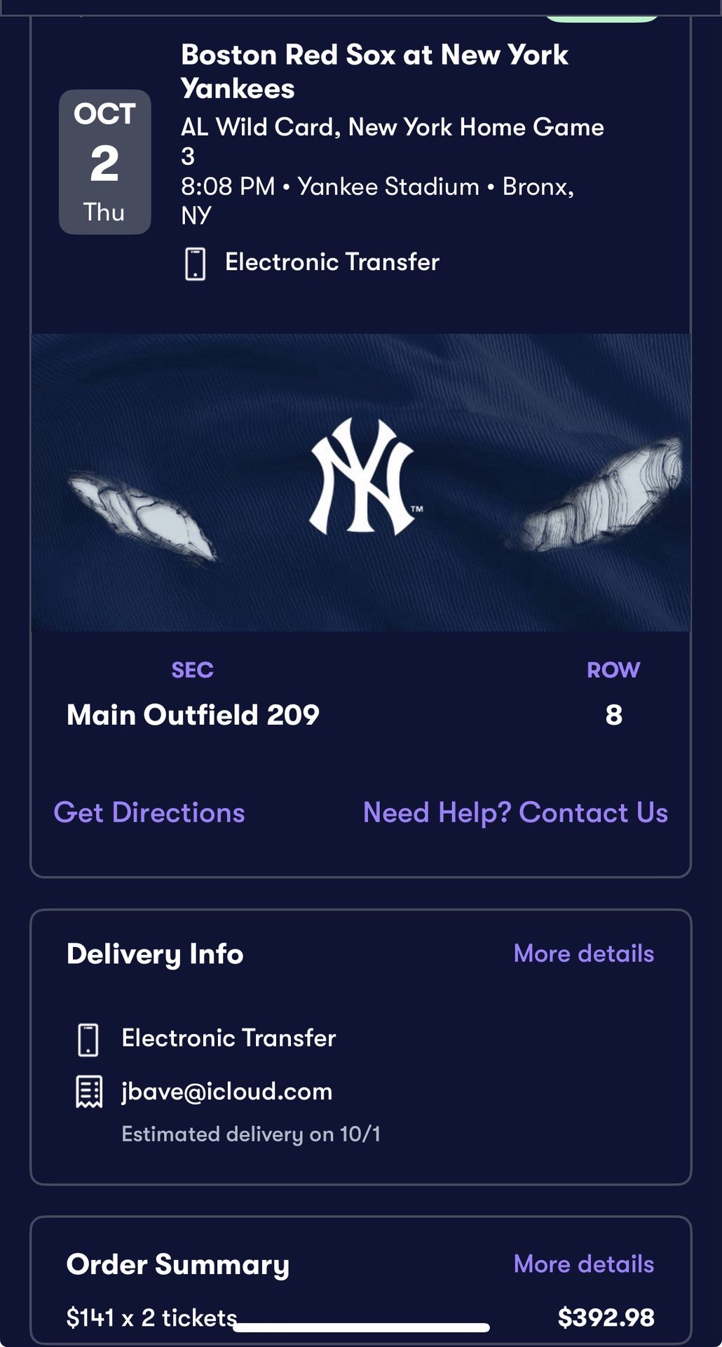 (2) Tickets To Yankees / Red Sox Wild Card Game 3