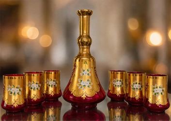 Rare Vintage Murano Ruby Glass Decanter Set With Six Glasses 24K Gold Leaf