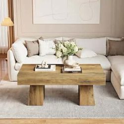 Farmhouse Coffee Table 47 Inches Wooden Rectangular Accent Center Tables with Thick Base Modern Low Cocktail Tea Furniture for Living Room (Rustic Bro