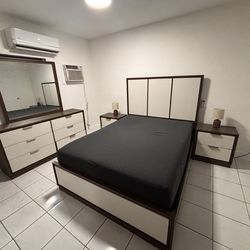 Queen Bedroom Set with Mattress – Bed, 2 Nightstands, Dresser & Mirror