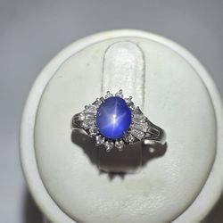 Platinum 2.42ct natural star sapphire ring with 0.37ctw of diamonds 