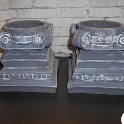 Set Of 2 Vintage Roman Pillar Candle Holders 7x7.25, 4” Opening
