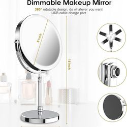 Lighted Makeup Mirror, 3000 mAh Rechargeable Double Sided Magnifying Mirror with 3 Colors, 1x/10x 360° Rotation Vanity Mirror, Brightness Adjustable M
