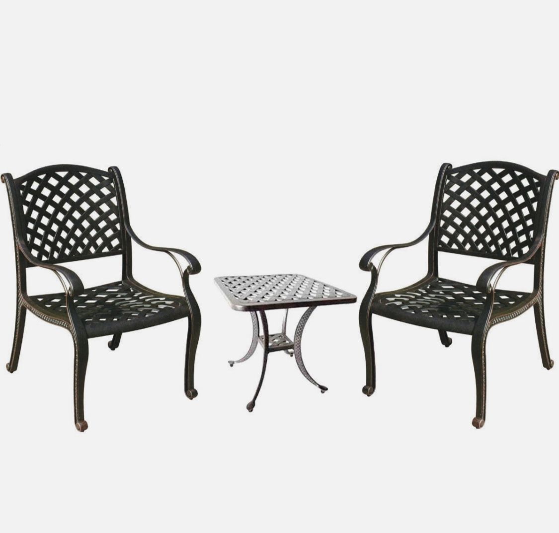 3 piece bistro patio set table and chairs Nassau outdoor heavy cast aluminum furniture