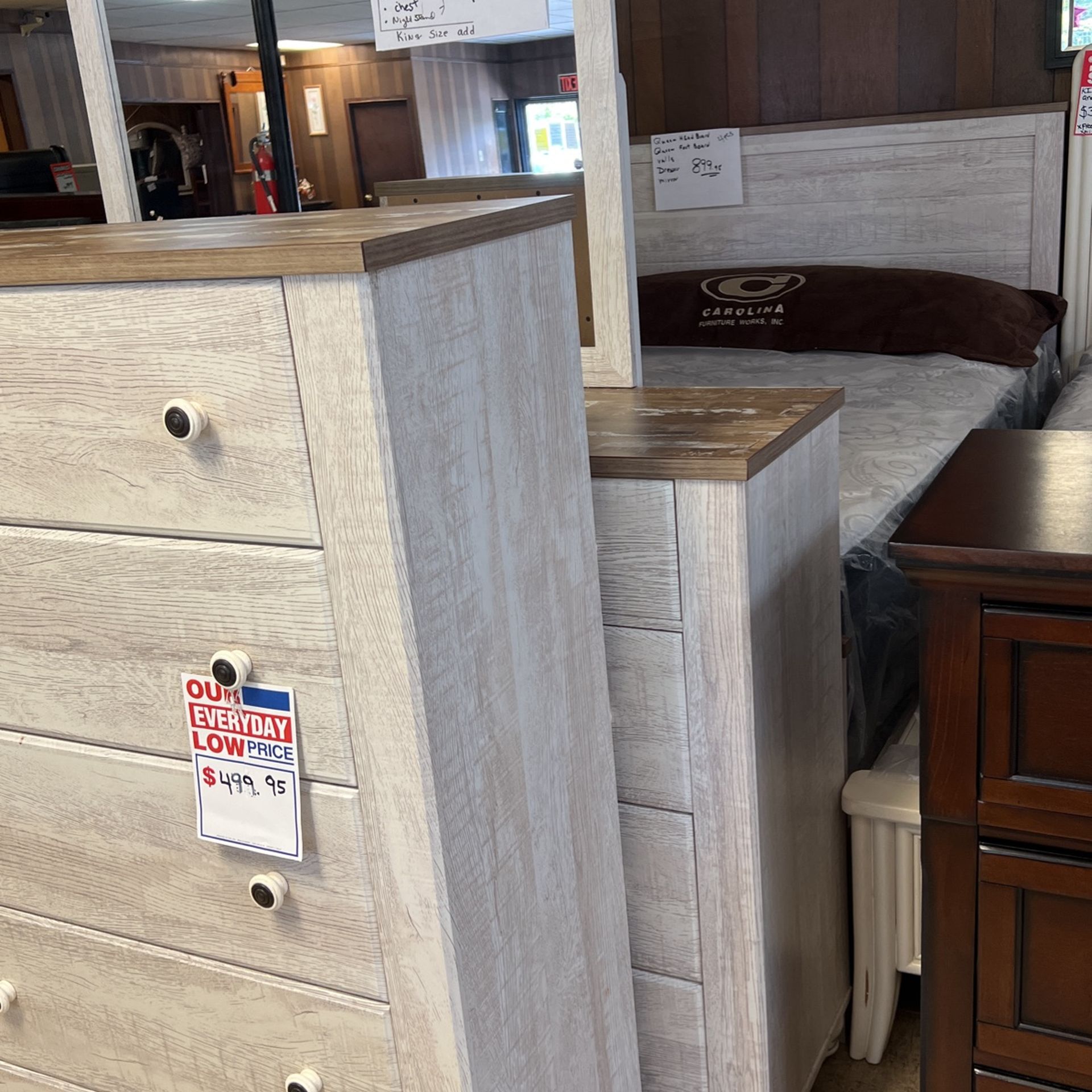 Queen size headboard, footboard rails, dresser, mirror, and nightstand, 899 chest 499