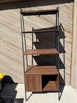Industrial faux wood and black metal hardware Ascending Shelf with Cabinet
