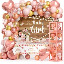 Floral Baby Shower Decorations for Girl, Baby Boxes with Letters, Rose Gold Pink Balloon Arch Backdrop Tablecloth Heart Foil Balloon, Birthday Party D