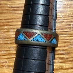 Vintage Silver Navajo Ring Size 6 1/2 With Beautiful Torquoise and Coral Stones