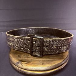 JS Leather Sam Browne Duty Belt Size 36" Black Basket Weave Black Brass Buckle