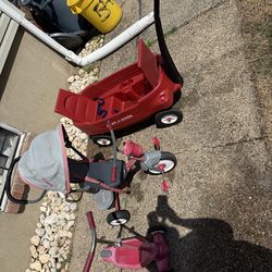 Radio Flyer wagon, tricycle, and scooter