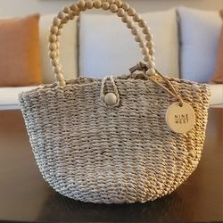 Nine West Small Straw Handbag Purse with Wooden Beads Straps and Interior Pocket
