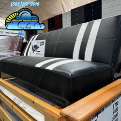 Black White Futon Couch Faux Leather With Stripes 