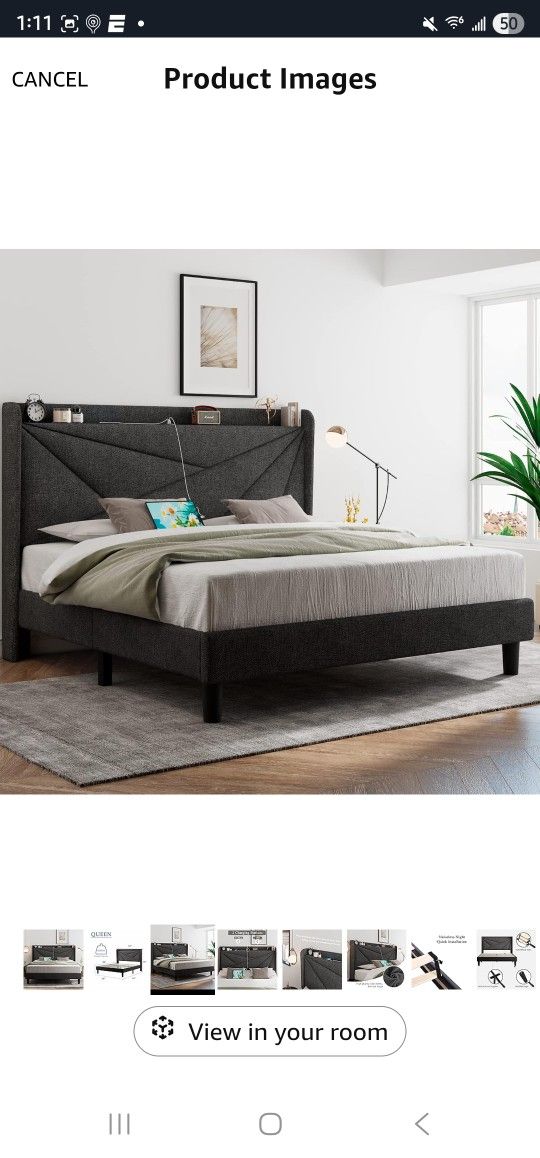 Feonase Queen Bed Frame with Type-C & USB Ports, Upholstered Platform Bed Frame with Wingback Storage Headboard, Solid Wood Slats Support, No Box Spri