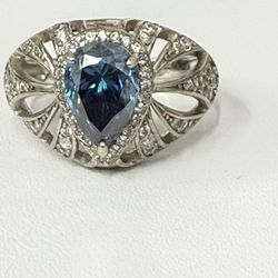 2.0ct GRA Certified Blue Moissanite VVS1 Sterling Silver Ring Size 9