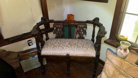Antique Carved Wood Settee with Upholstered Seat
