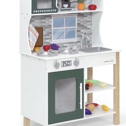 Delta Children Tiny Chef Play Kitchen - Wooden Toy Kitchen Playset with Realistic Knobs, Includes Oven, Sink, Microwave, 15 Pieces of Play Food, Green