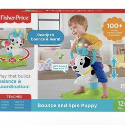 Fisher-Price Toddler Learning Toy, Bounce and Spin Puppy Stationary Ride-On Bouncer with Music & Lights for Infants Ages 1+ Years