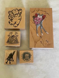 5 Wooden Mounted Cat themed Rubber Stamps