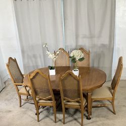 THOMASVILLE Dining Table With Extensions & 6 Cane Back Chairs