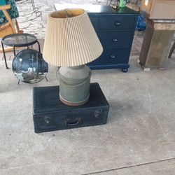 Antique Metal Army Suitcase With Antique Lamp