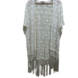 Torrid A Birch Embroidery Fringe Kimono 00/0 Longline Cream Open Crochet Duster