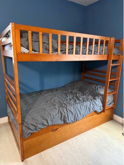 Merax Twin Over Twin Bunk Bed with Trundle in Oak Finish