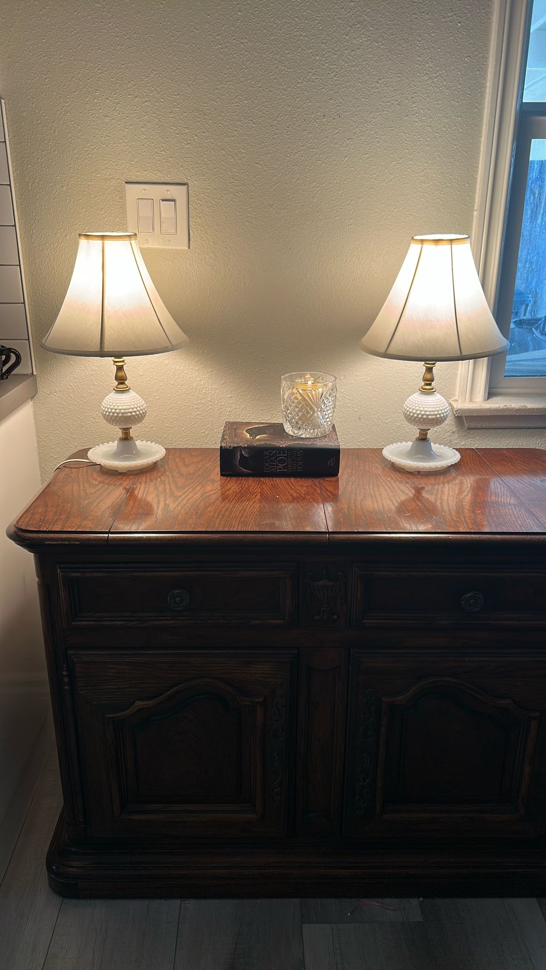 Vintage white milk glass hobnail lamps