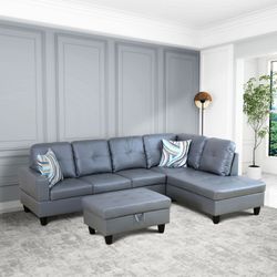 3-Piece Dark Grey Sectional Sofa Set – Semi PU Synthetic Leather