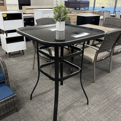 40.3”H Patio Bar Height Table, Square Tempered Glass Top Outdoor Pub Bistro Table, High Top Patio Side Table for Balcony Backyard Poolside 