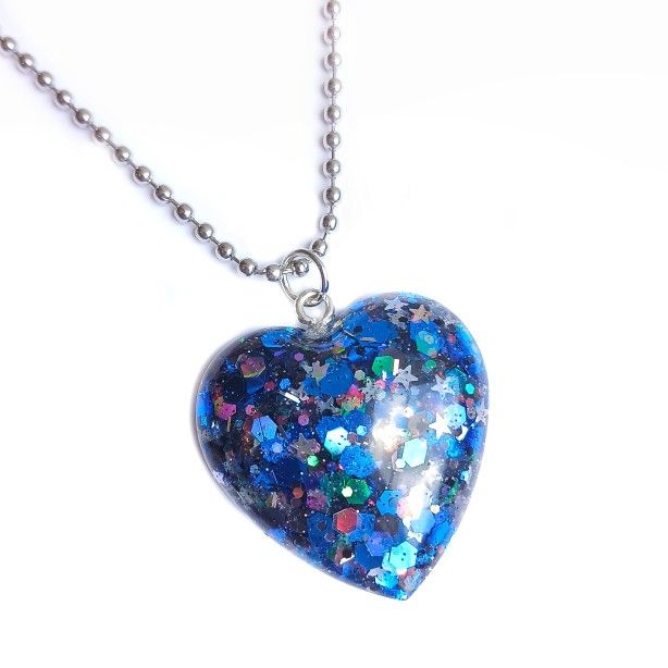 Heart shaped black blue silver holographic star glitter necklace new resin handmade