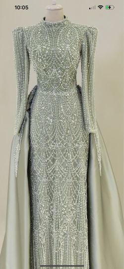 Luxury Couture Crystal Beaded Evening Gown with Detachable Overskirt Size 44