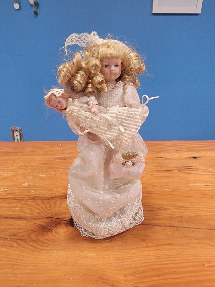 Dillard's Trimmings Porcelain Doll ~ Ornament, Decoration, Stand Included