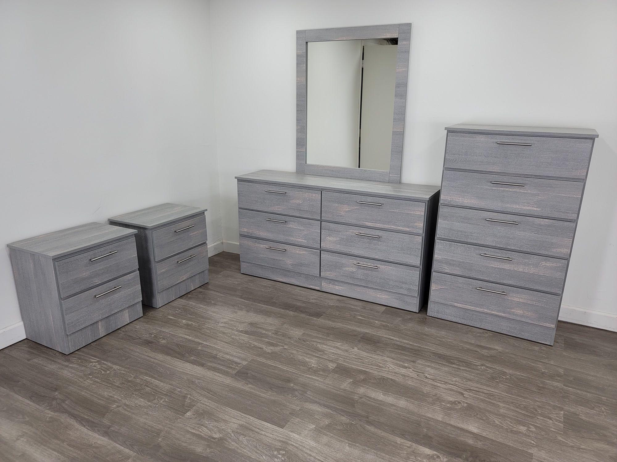 DRESSER WITH MIRROR , CHEST AND NIGHTSTANDS
