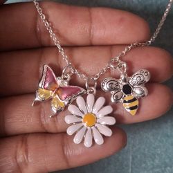 Butterfly Bee Flower Pendant Necklace 