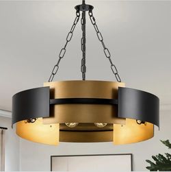 Modern Chandelier 24" Black Gold Industrial Drum Light Fixture 6-Light Metal Hanging Chandelier for Living Dining Room Foyer Entryway Kitchen