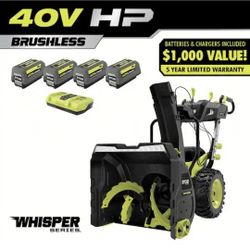 RYOBI 40V HP 24" Self-Propelled Snow Blower w/ 4 Batteries & Charger