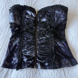 🖤 Strapless Gothic Corset Bustier Top – Padded Bra, Front Zip, Ruched Black & Blue