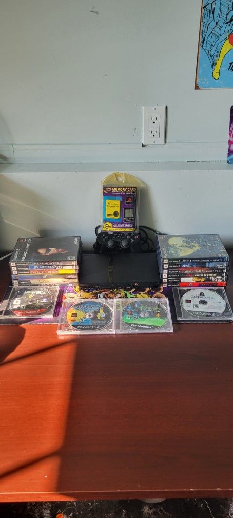 Playstation 2 Slim With Brand New Memory Card Nyko And A Bunch Of Games 1 Authentic Controller!