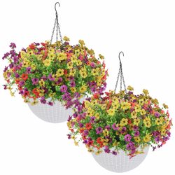 HEbsjjhd 2 Sets of Artificial Hanging Plants Flowers Basket for Outdoor, 2 Sets Dry and Wet Separation Hanging Baskets, Suitable for Spring Summer Por