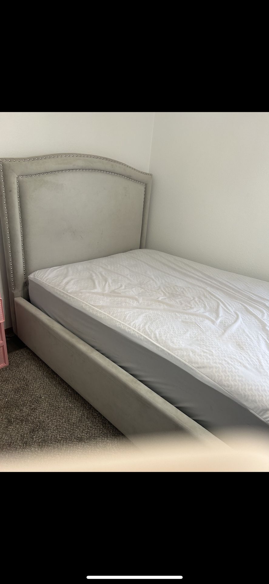 Grey Queen Sized Headboard And Footboard With Mattress And Frame