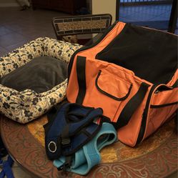 Pet Bed, Carrier And Harnesses. All For $62
