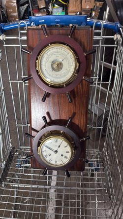 Vintage German Ship's Brass Wheel Clock & Barometer Set by August Schatz & Sohne