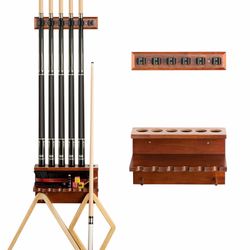 EXTCCT Wall Mount Pool Stick Holder - Billiards Pool Cue Rack Hardwood Pool Cue Set Holder for 6 Cues Sticks Storage Pool Table Accessories Equipment 