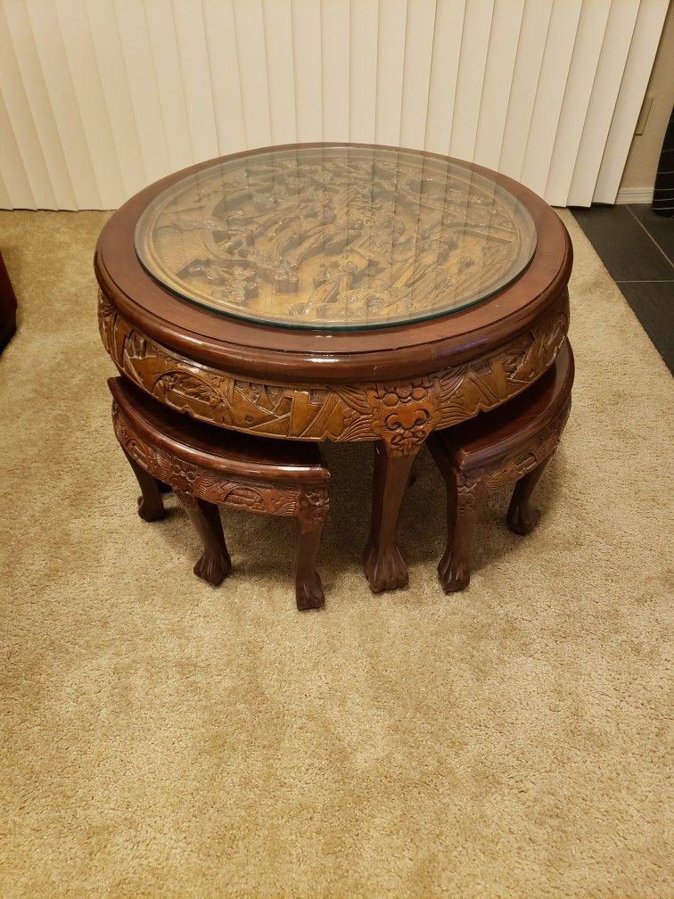 Unique Coffee Table, Hand Carved, Glass Top, 4 Mini Stools