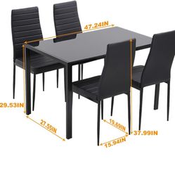 5 Piece Kitchen Dining Room Table Set Black Glass