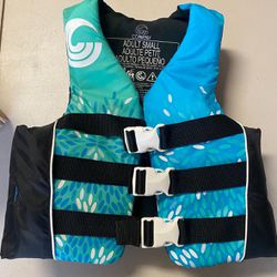 Never Used Adult Life jacket, Size Small; see all info in description below