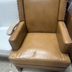Lourdes Genuine Leather Arm Chair with Solid Wood Frame and Removable Seat Cushion-CAMEL