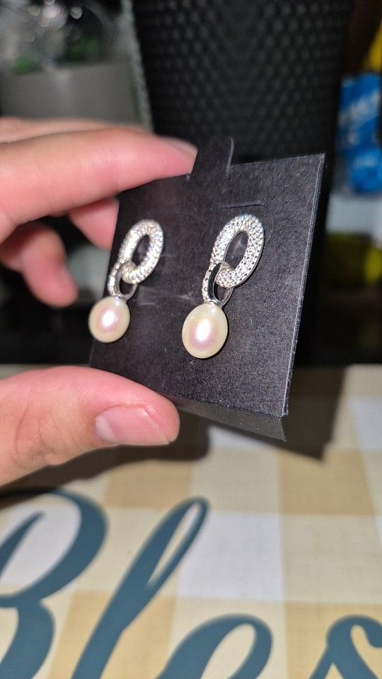 8-8.5mm Cultured Pearl and .90 ct. t.w. CZ Loop Drop Earrings in Sterling Silver